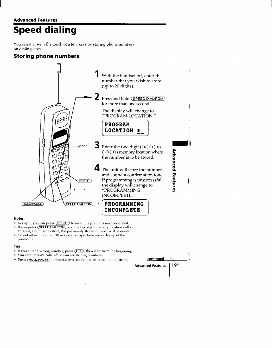 Speed dialing, Storing phone numbers, Program | Location, Programming, Incomplete, Notes, Tips | Sony SPP-M920 User Manual | Page 19 / 72