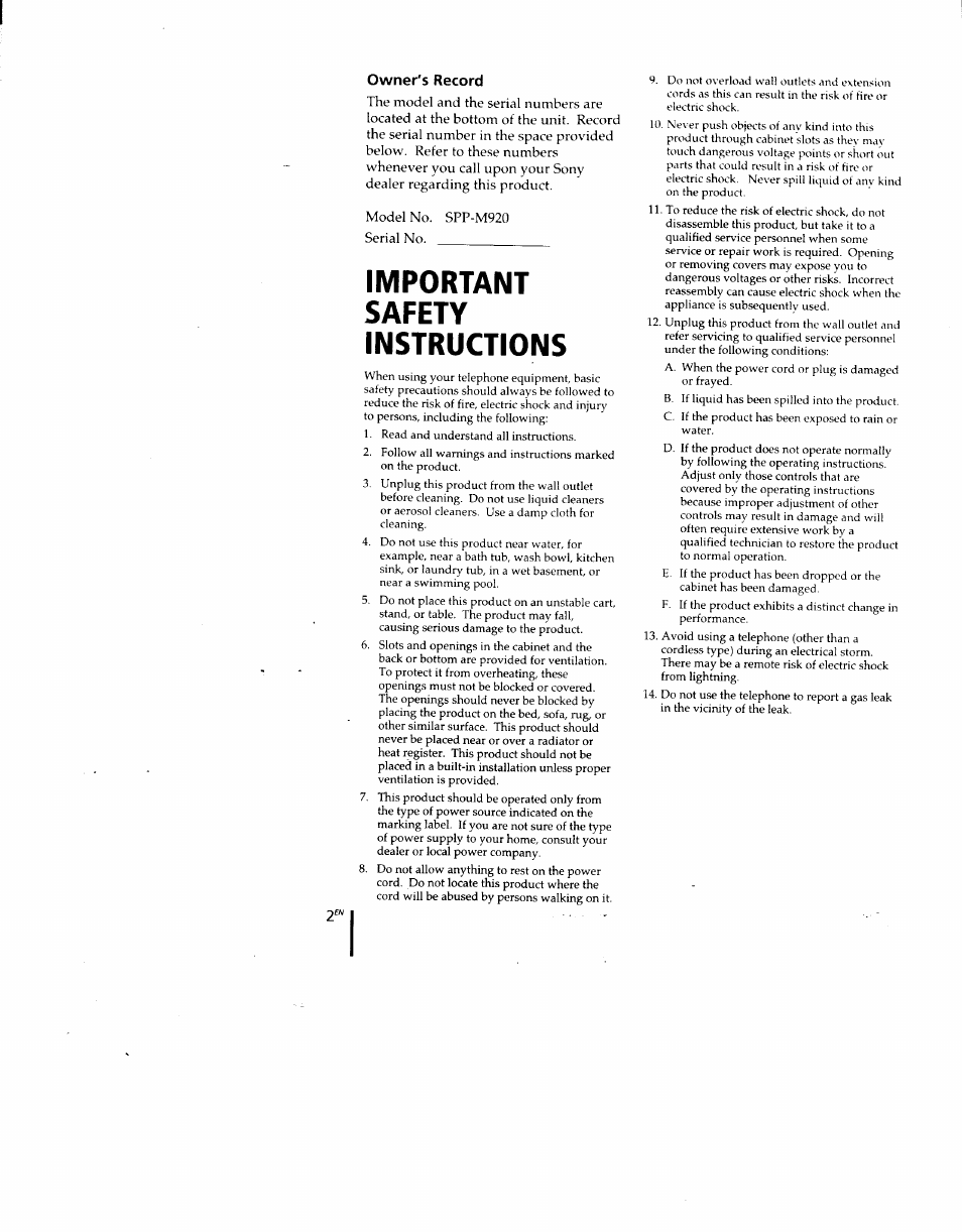 Owner's record, Important, Safety | Instructions, Important safety instructions | Sony SPP-M920 User Manual | Page 2 / 72