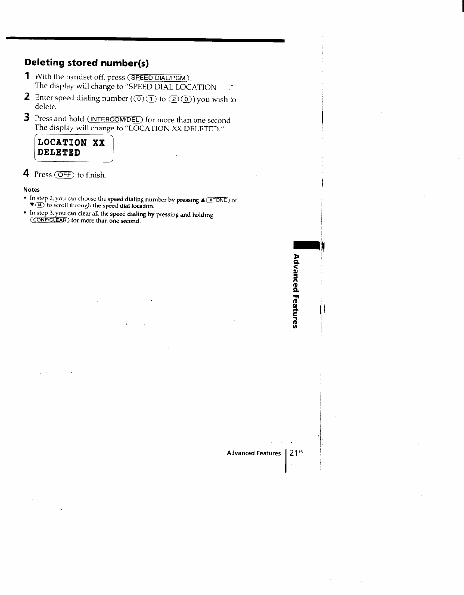 Deleting stored number(s), Location xx deleted | Sony SPP-M920 User Manual | Page 21 / 72