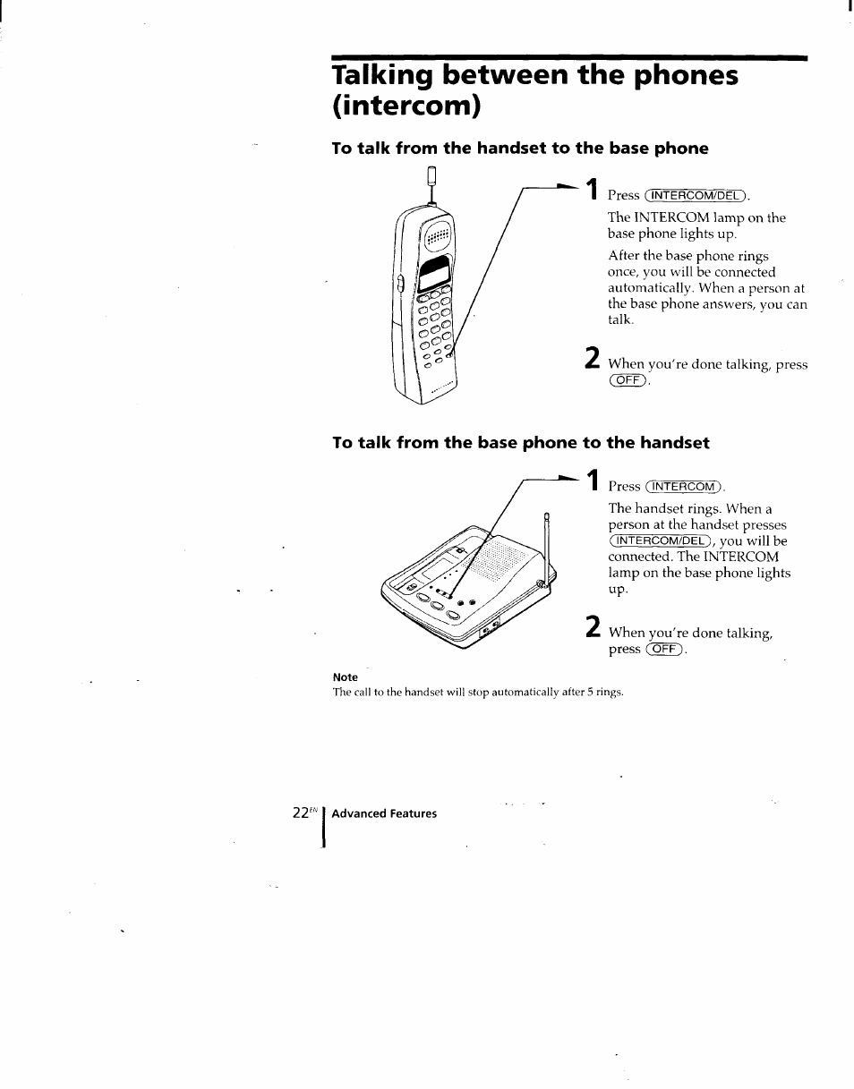 Talking between the phones (intercom), To talk from the handset to the base phone, To talk from the base phone to the handset | Sony SPP-M920 User Manual | Page 22 / 72