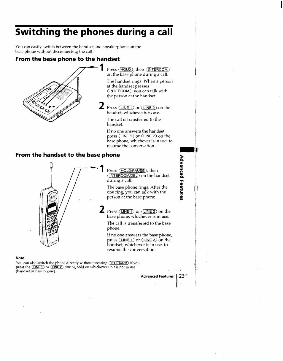 Switching the phones during a call, From the handset to the base phone | Sony SPP-M920 User Manual | Page 23 / 72