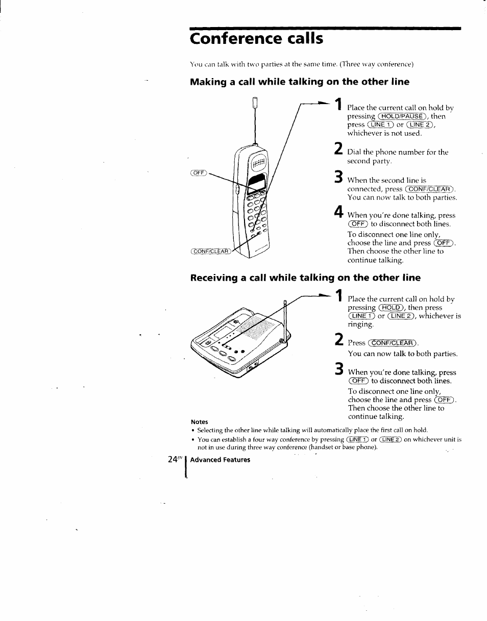 Conference calls, Making a call while talking on the other line, Receiving a call while talking on the other line | Sony SPP-M920 User Manual | Page 24 / 72