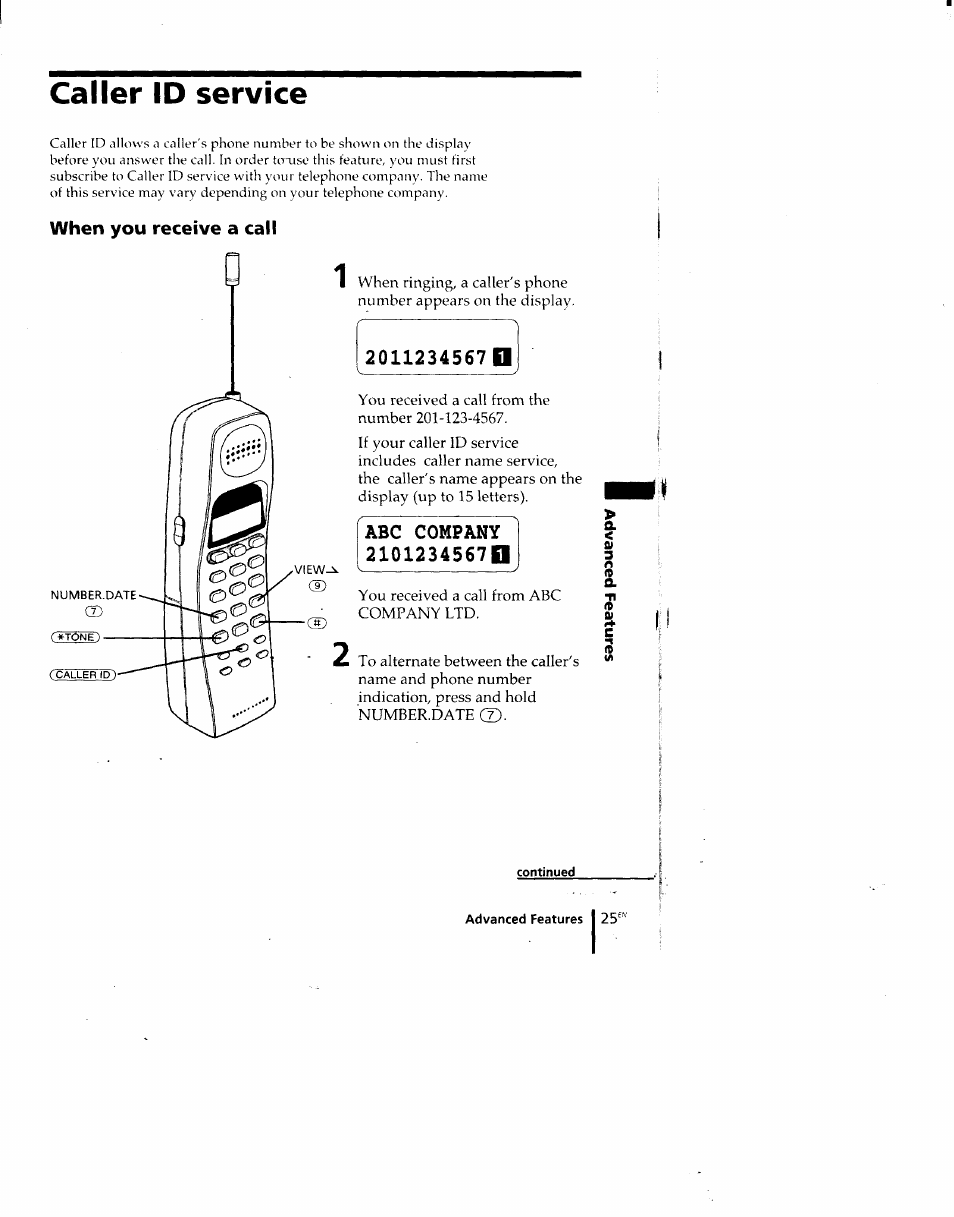 Caller id service, When you receive a call, Abc company 2101234567d | Sony SPP-M920 User Manual | Page 25 / 72