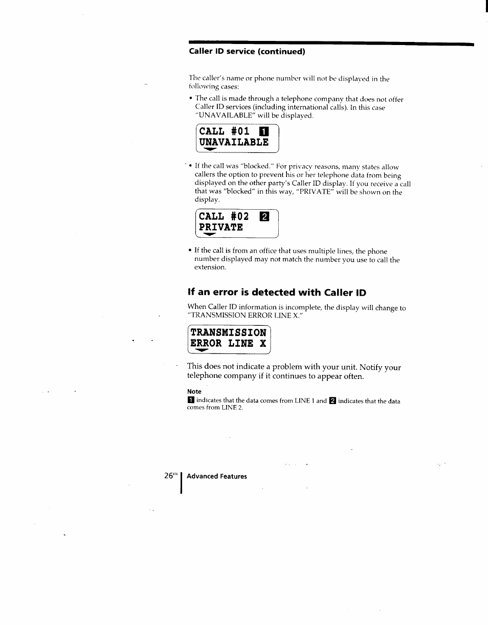 If an error is detected with caller id, Note | Sony SPP-M920 User Manual | Page 26 / 72