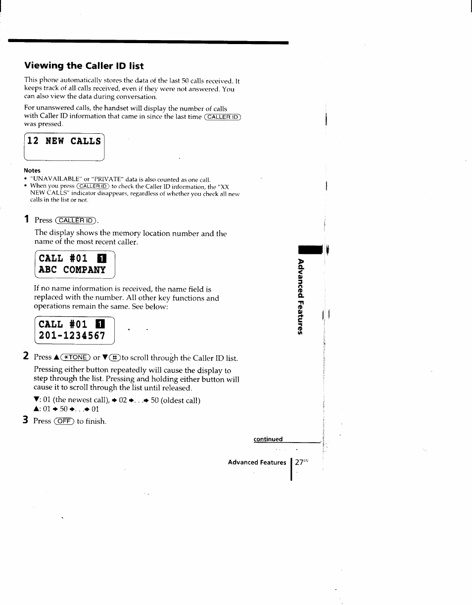 Viewing the caller id list, 12 new calls, Call #01 n 201-1234567 | Sony SPP-M920 User Manual | Page 27 / 72