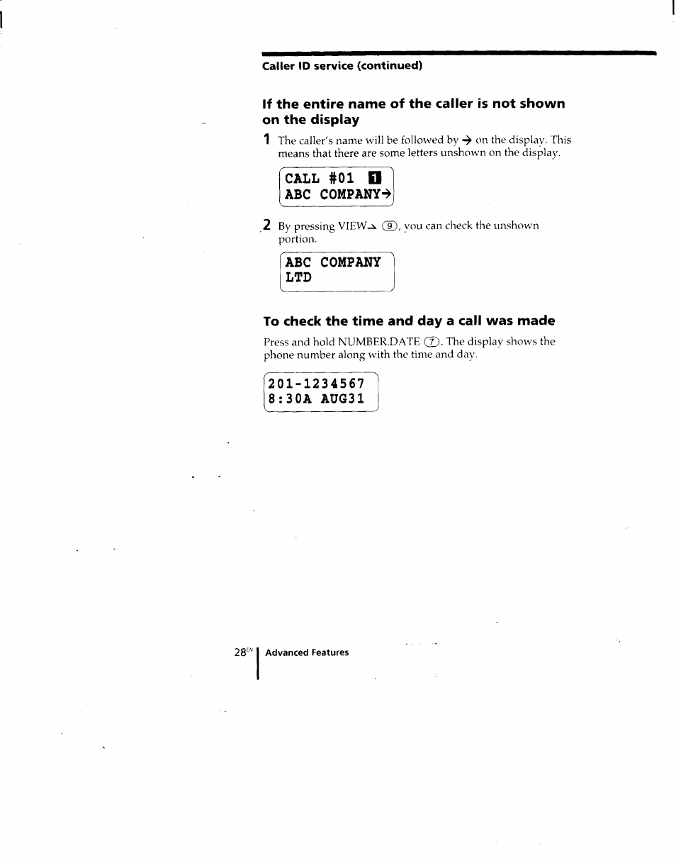 Call #01 o abc company, Abc company ltd, To check the time and day a call was made | 1234567 8:30a aug31 | Sony SPP-M920 User Manual | Page 28 / 72