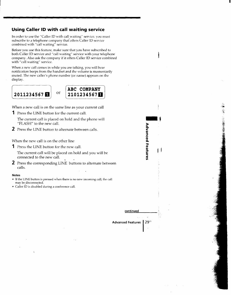 Using caller id with call waiting service, Abc company, Notes | Continued | Sony SPP-M920 User Manual | Page 29 / 72