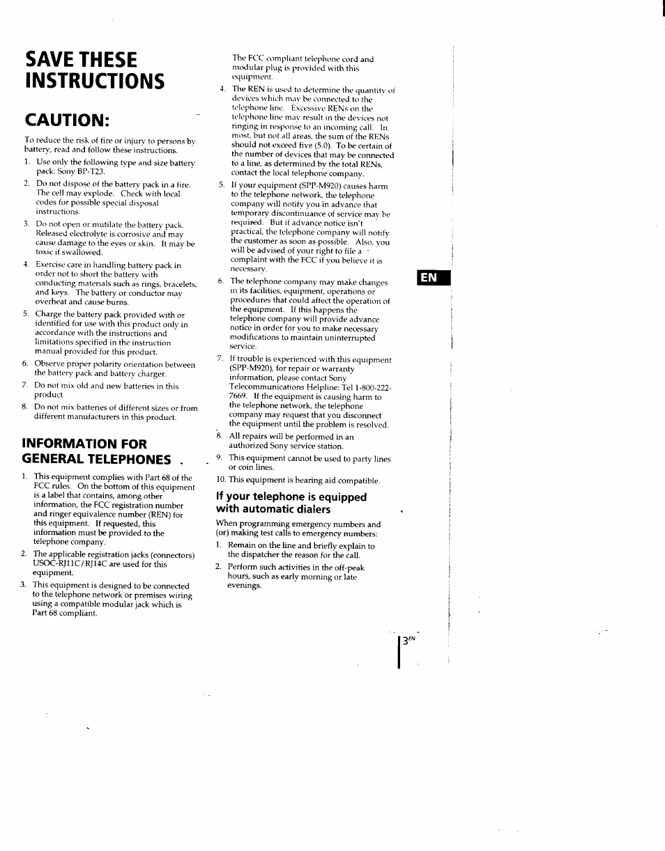 Save these instructions, Information for general telephones, Caution | Sony SPP-M920 User Manual | Page 3 / 72