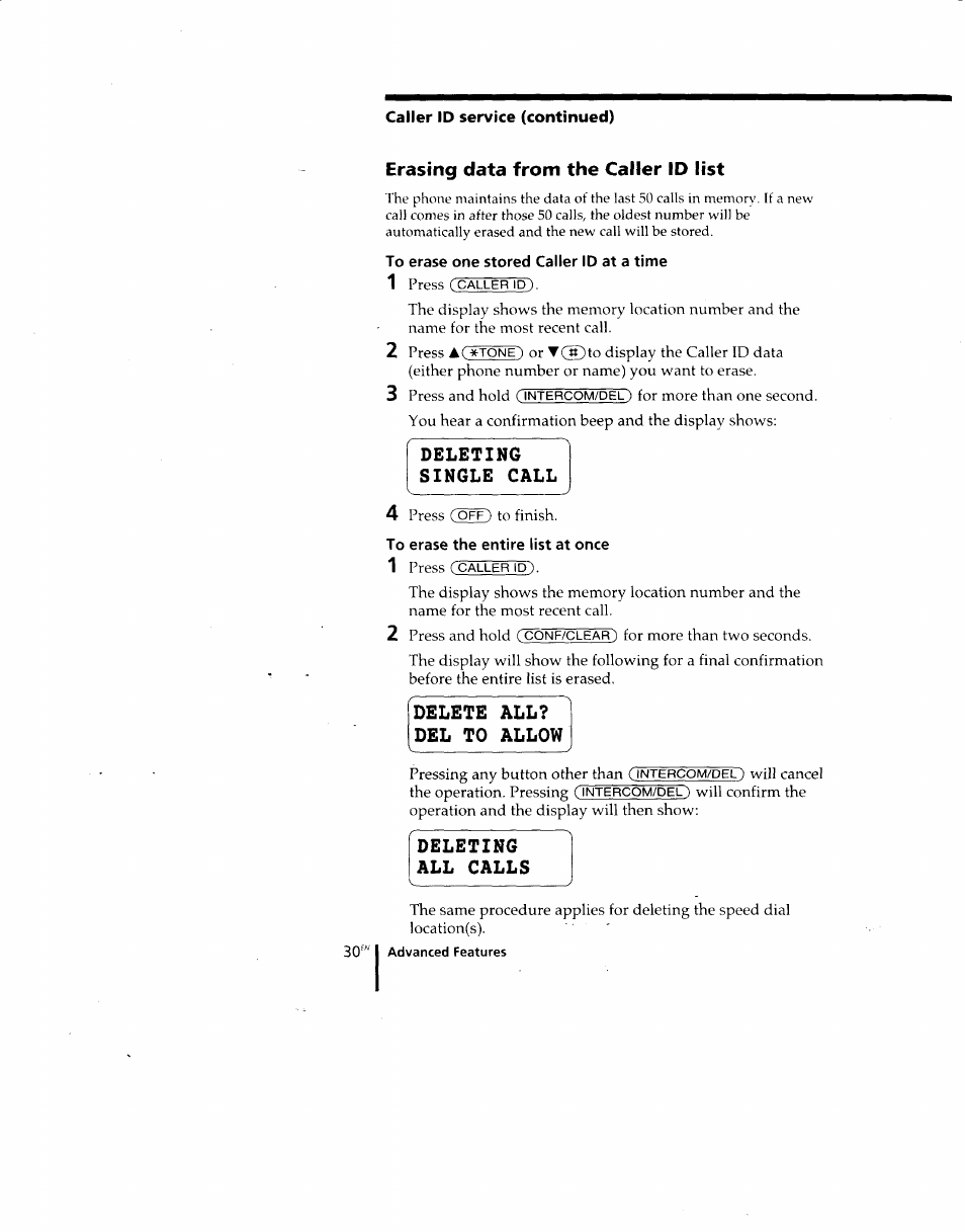 Erasing data from the caller id list, To erase one stored caller id at a time, Deleting single call | To erase the entire list at once, Delete all? del to allow, Deleting all calls | Sony SPP-M920 User Manual | Page 30 / 72