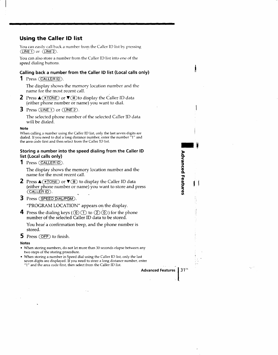 Using the caller id list | Sony SPP-M920 User Manual | Page 31 / 72