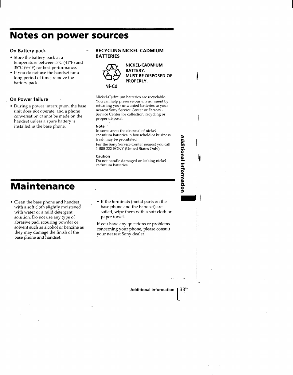 Notes on power sources, On battery pack, Recycling nickel-cadmium batteries | On power failure, Note, Caution, Maintenance | Sony SPP-M920 User Manual | Page 33 / 72