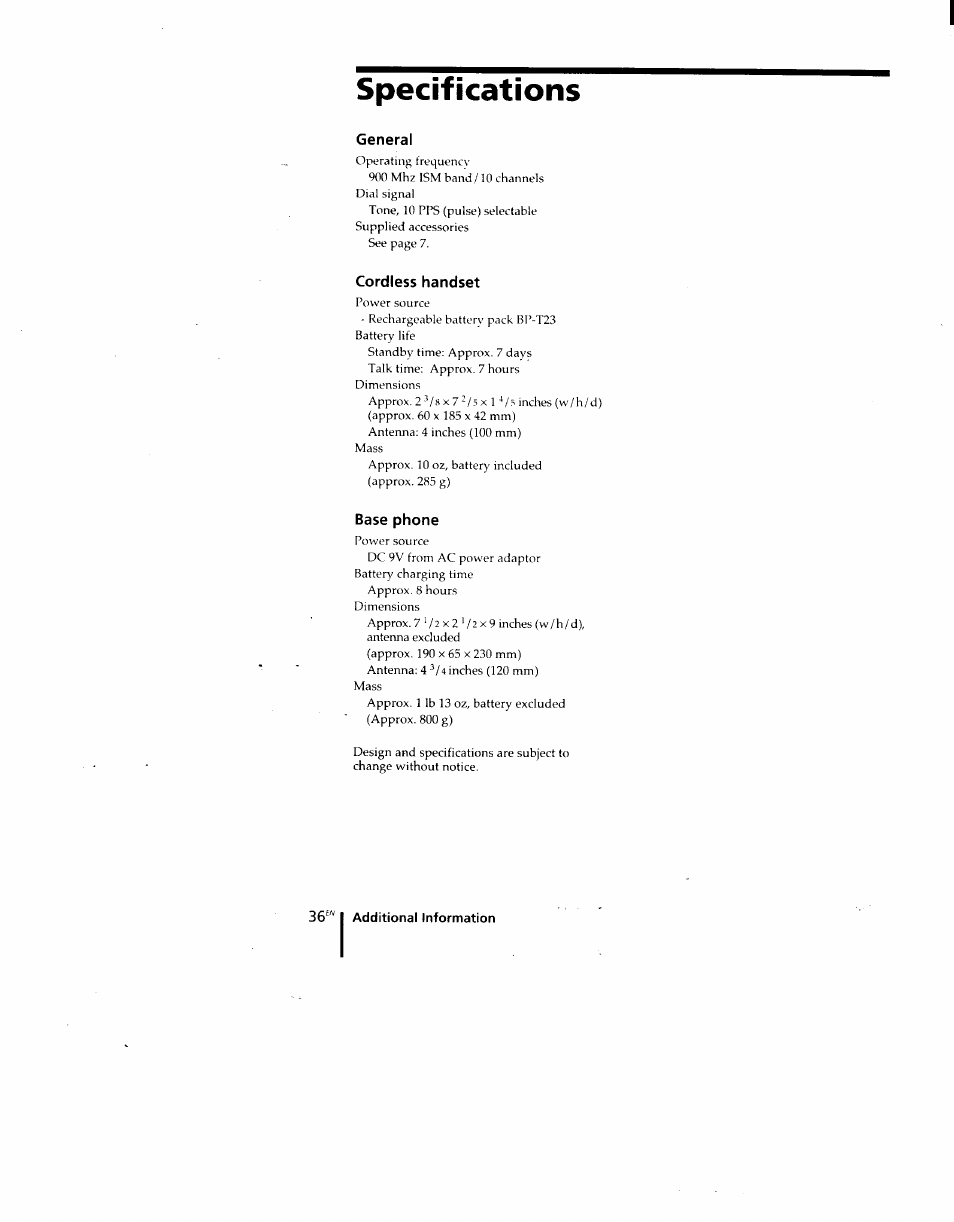 Specifications, General, Cordless handset | Base phone | Sony SPP-M920 User Manual | Page 36 / 72