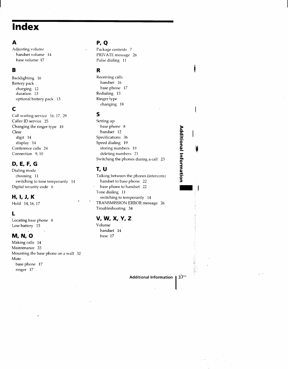 Index | Sony SPP-M920 User Manual | Page 37 / 72