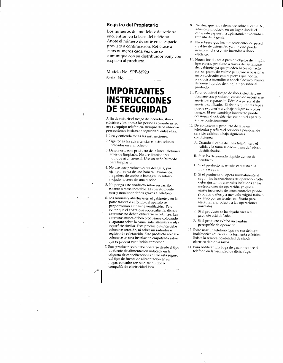 Registro del propietario, Importantes instrucciones de seguridad | Sony SPP-M920 User Manual | Page 38 / 72