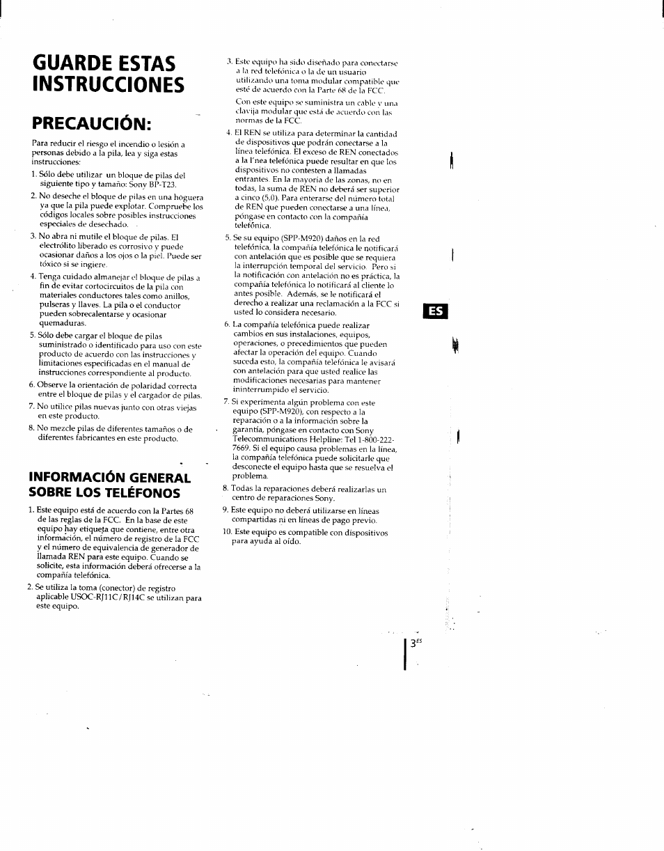 Guarde estas instrucciones, Información general sobre los teléfonos, Precaución | Sony SPP-M920 User Manual | Page 39 / 72