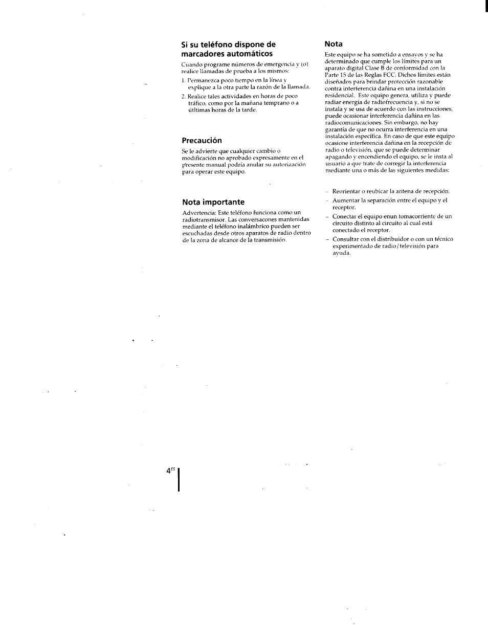 Si su teléfono dispone de marcadores automáticos, Precaución, Nota | Nota importante | Sony SPP-M920 User Manual | Page 40 / 72