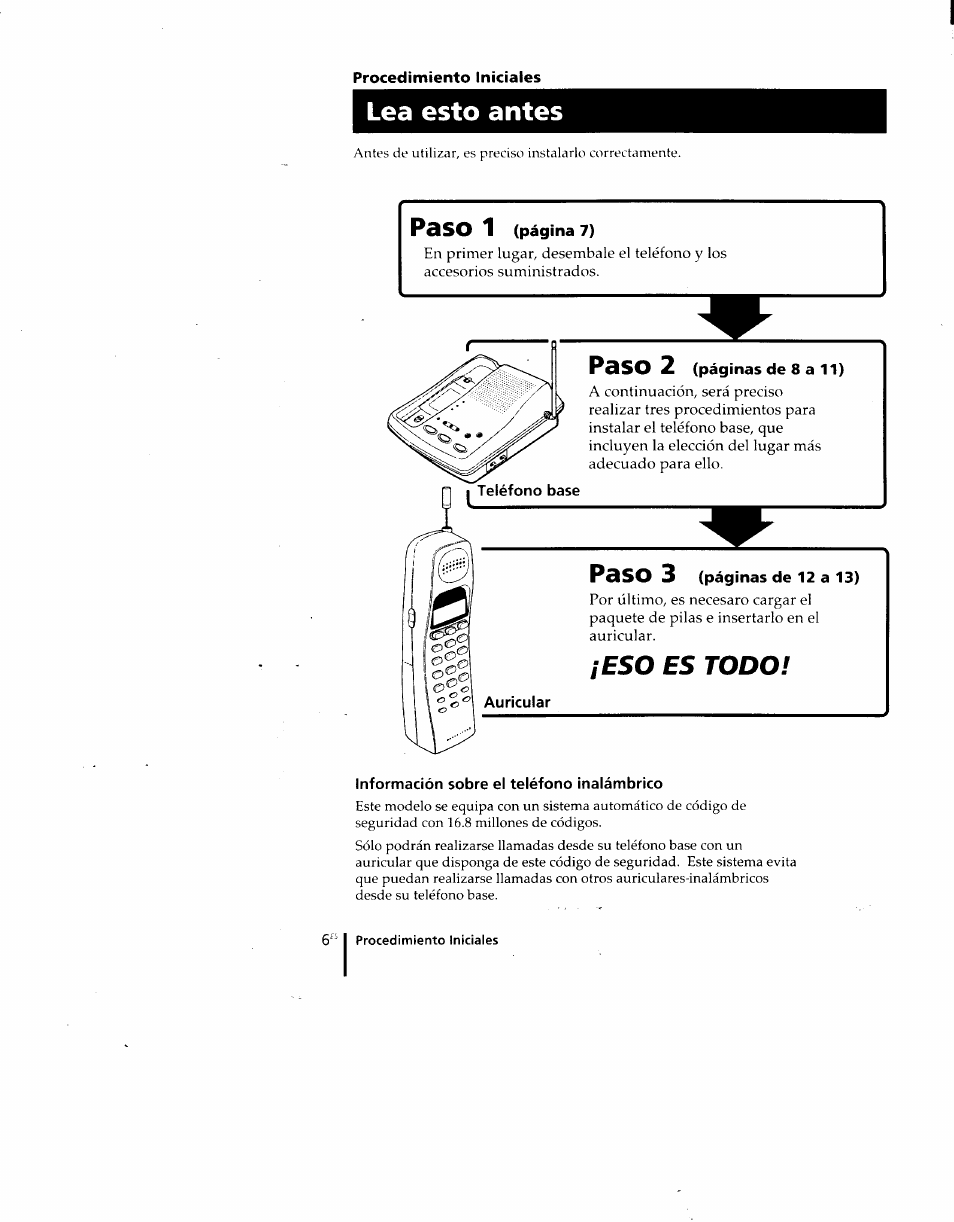 Procedimiento iniciales, Información sobre el teléfono inalámbrico, Lea esto antes | Paso 1, Paso 2, Paso 3, Eso es todo | Sony SPP-M920 User Manual | Page 42 / 72