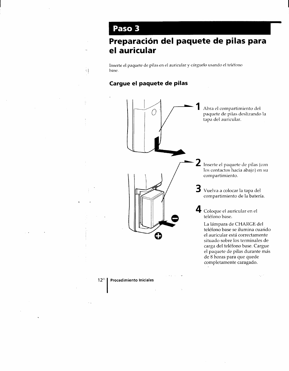 Cargue el paquete de pilas, Preparación del paquete de pilas para el auricular, Paso 3 | Sony SPP-M920 User Manual | Page 47 / 72