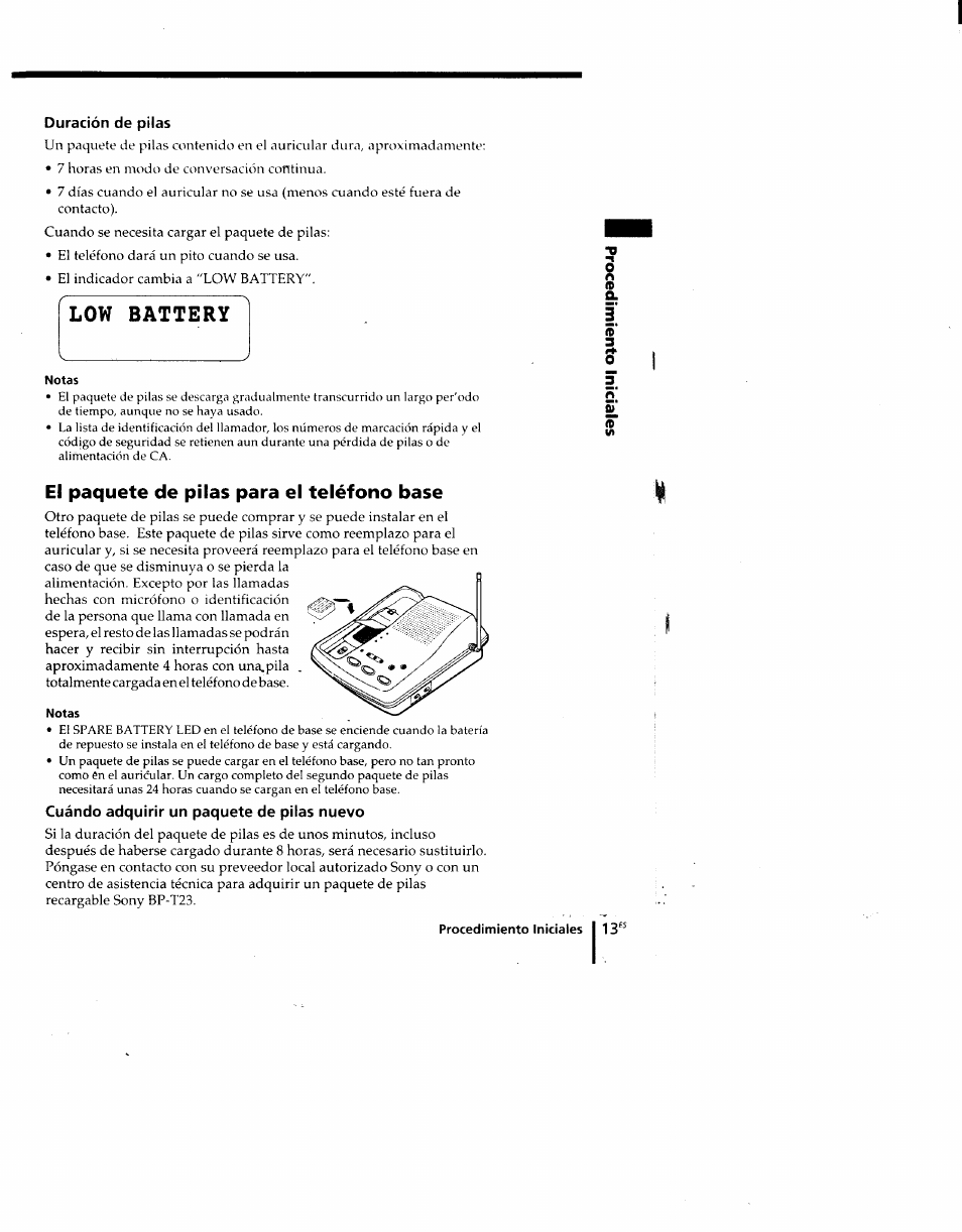 Duración de pilas, Notas, El paquete de pilas para el teléfono base | Cuándo adquirir un paquete de pilas nuevo, Low battery | Sony SPP-M920 User Manual | Page 48 / 72