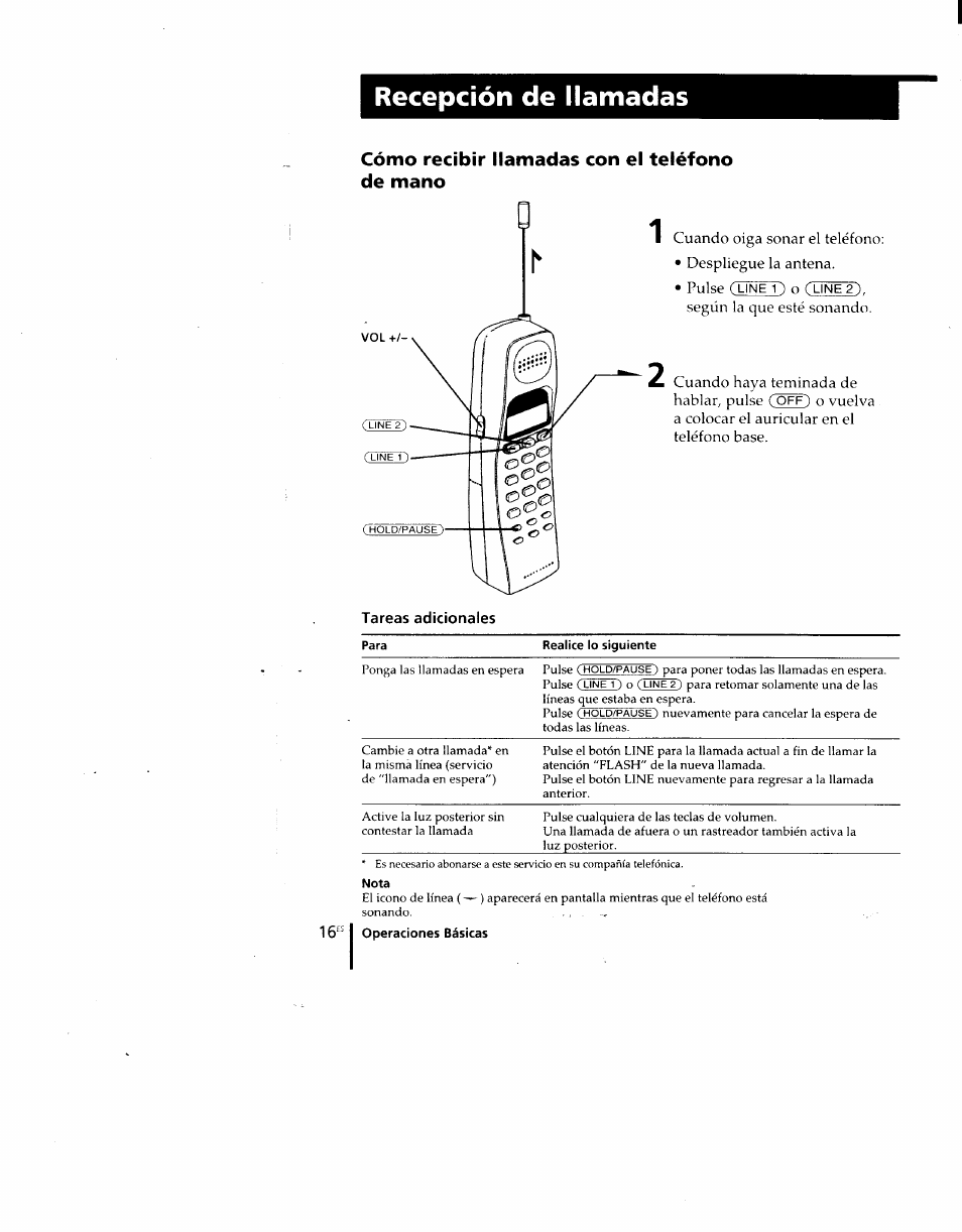 Cómo recibir llamadas con el teléfono de mano, 16'^^ operaciones básicas, Recepción de llamadas | Sony SPP-M920 User Manual | Page 51 / 72