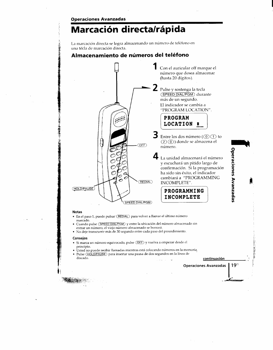 Marcación directa/rápida, Almacenamiento de números del teléfono, Program location | Programming incomplete | Sony SPP-M920 User Manual | Page 54 / 72
