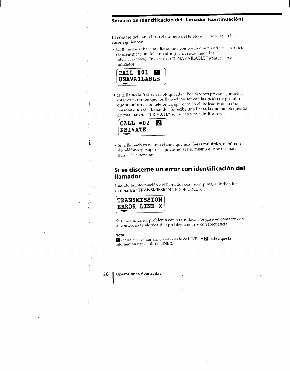Call #01 d unavailable, Call #02 private, Transmission error line x | Sony SPP-M920 User Manual | Page 61 / 72
