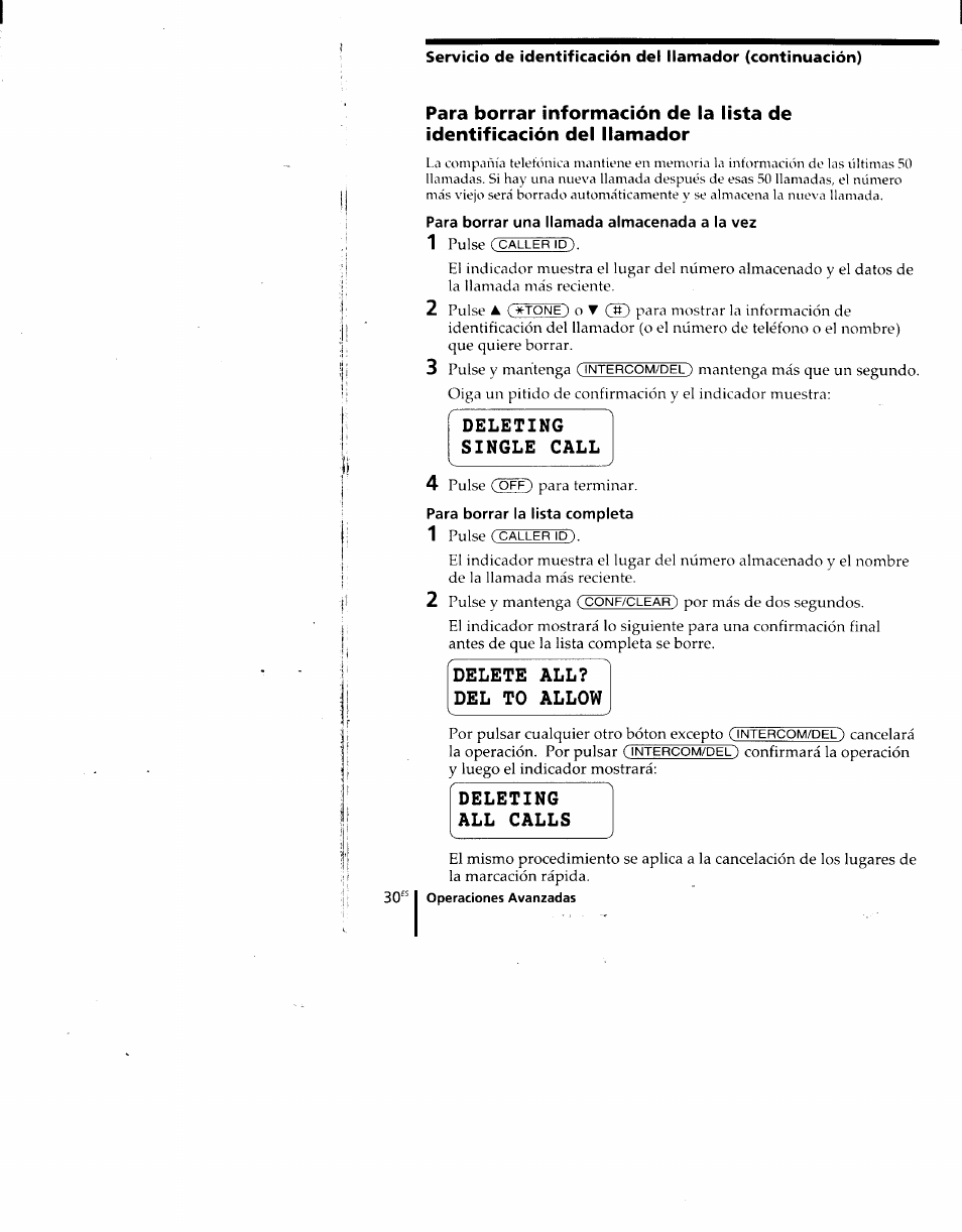 Para borrar una llamada almacenada a la vez, Para borrar la lista completa, Deleting all calls | Sony SPP-M920 User Manual | Page 65 / 72