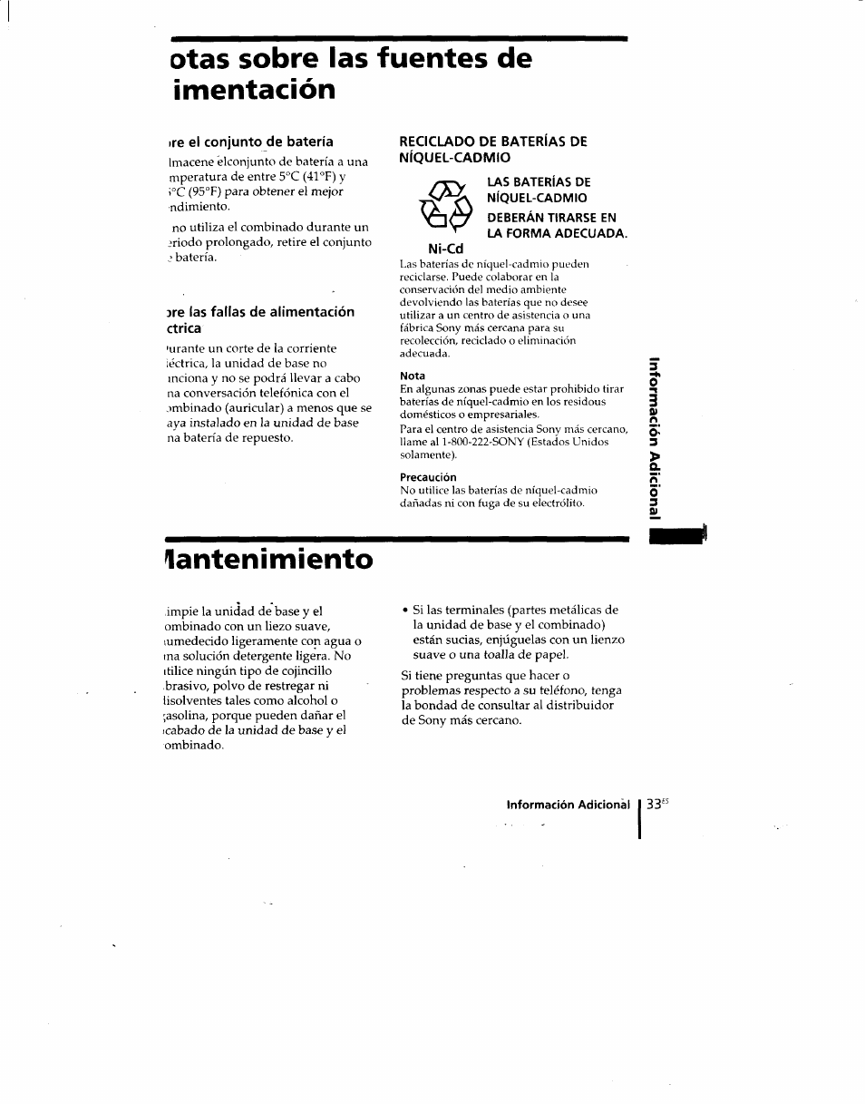 Otas sobre las fuentes de ¡mentación, Ire el conjunto de batería, Re las fallas de alimentación ctrica | Reciclado de baterías de níquel-cadmio, Ni-cd, Nota, Precaución, Lantenimiento | Sony SPP-M920 User Manual | Page 68 / 72