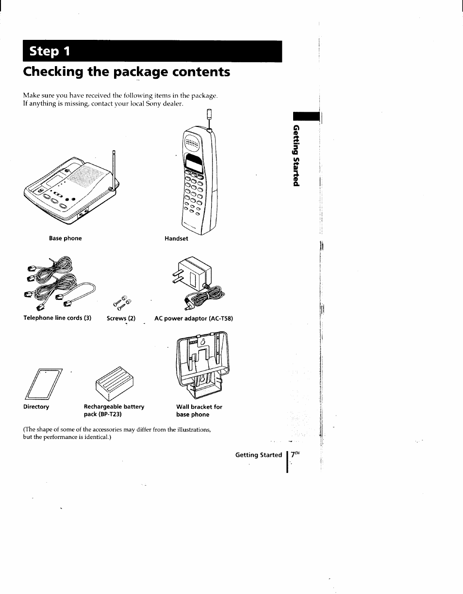 Wall bracket for base phone, Step 1, Checking the package contents | Sony SPP-M920 User Manual | Page 7 / 72
