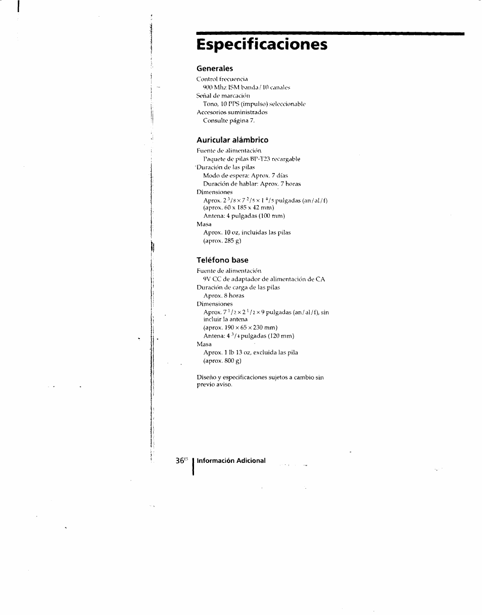 Especificaciones, Generales, Auricular alámbrico | Teléfono base | Sony SPP-M920 User Manual | Page 71 / 72