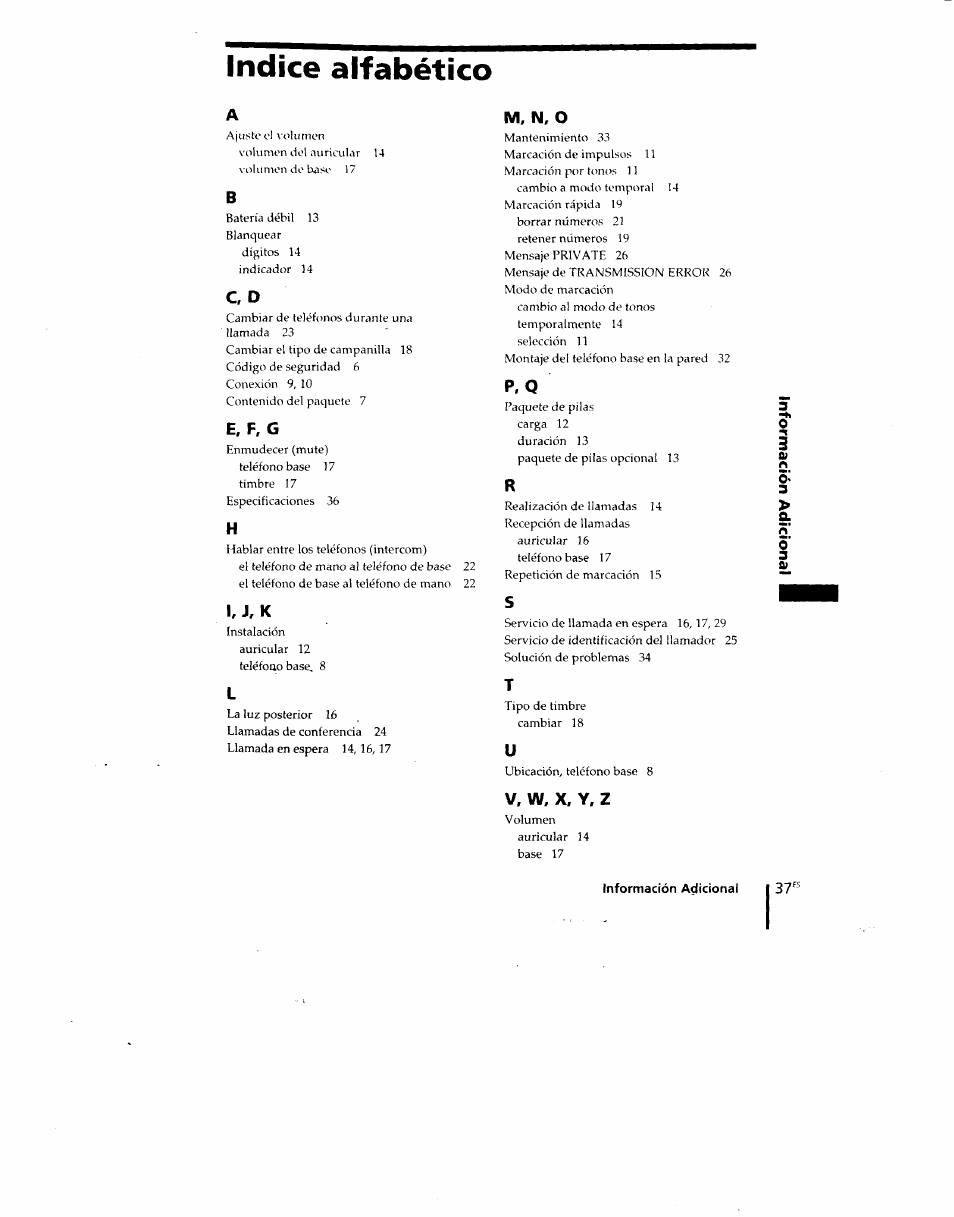 Indice alfabético, E. f, g, I, j, k | M, n, o, V, w. x, y, z | Sony SPP-M920 User Manual | Page 72 / 72