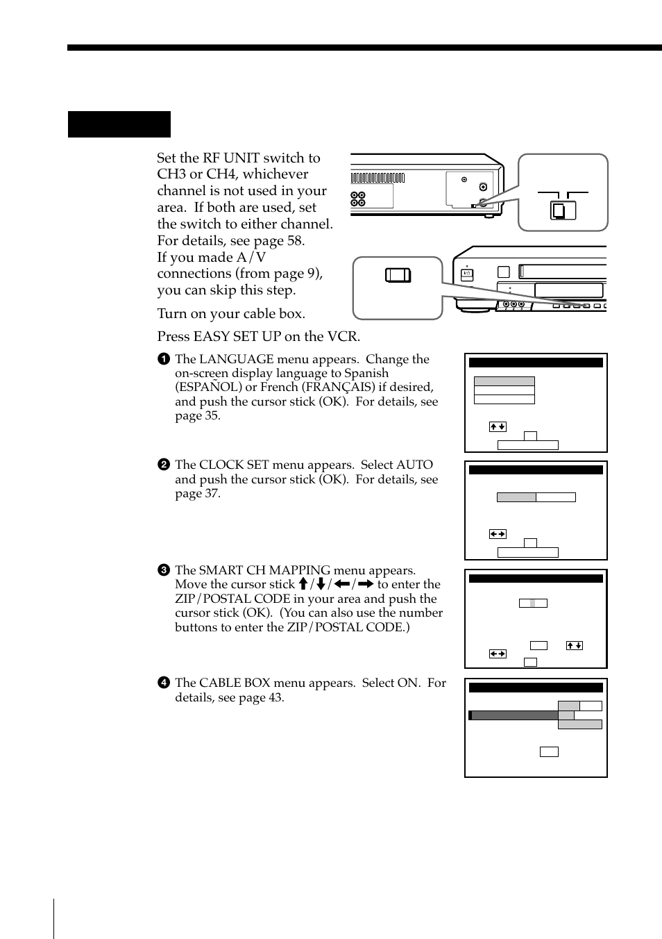 Hookup 1: vcr setup, 12 step 3: hookups (continued), Turn on your cable box | Press easy set up on the vcr, Rf unit, Easy set up | Sony SLV-M91HF User Manual | Page 12 / 68