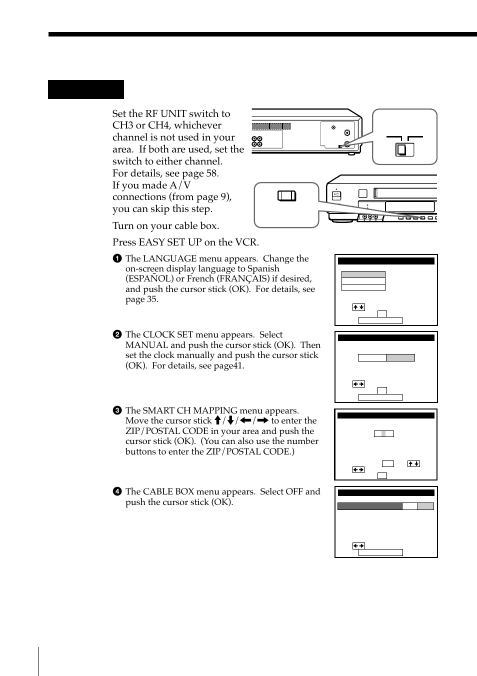 Hookup 4: vcr setup, 24 step 3: hookups (continued), Turn on your cable box | Press easy set up on the vcr, Rf unit, Easy set up | Sony SLV-M91HF User Manual | Page 24 / 68