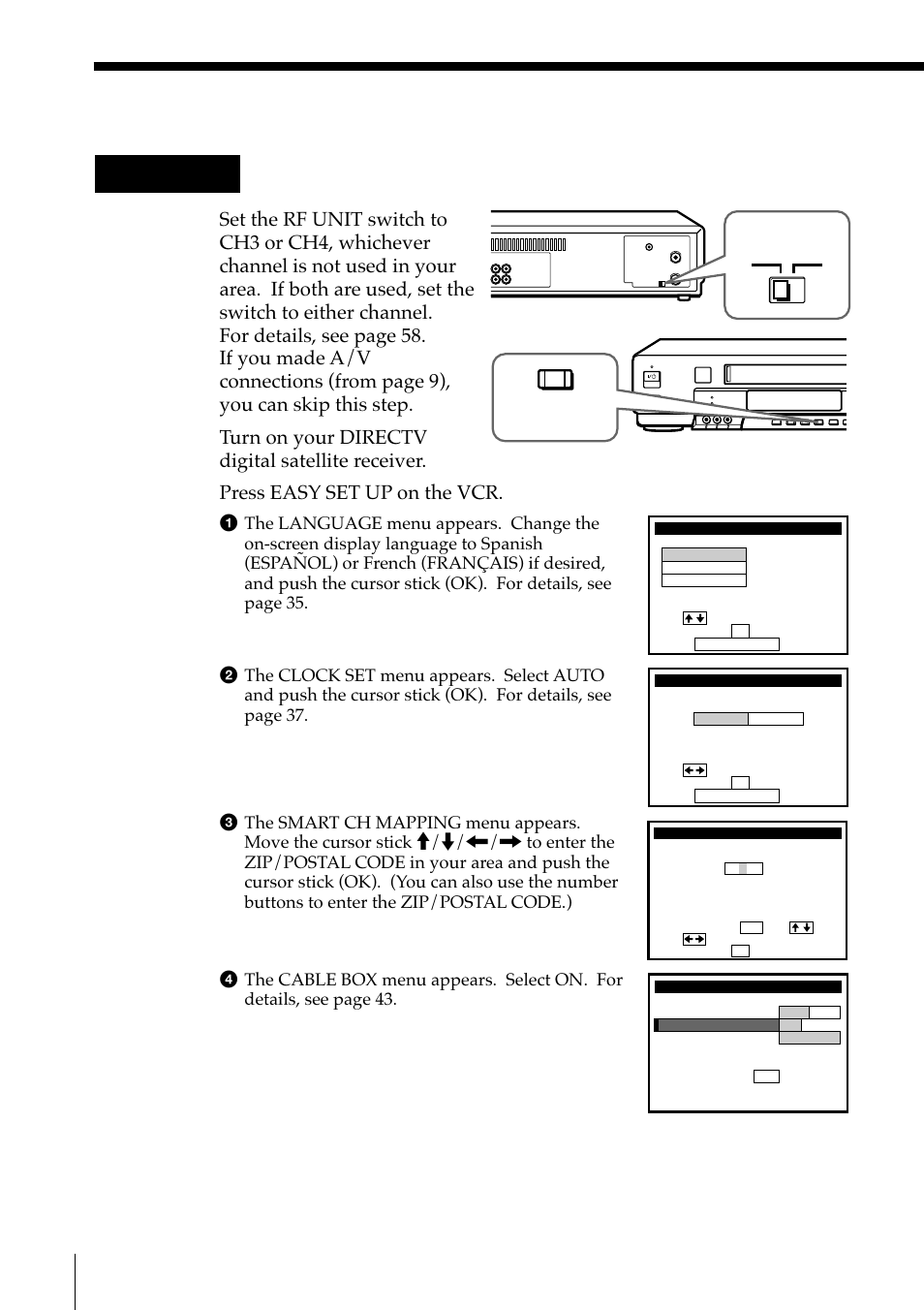 Hookup 5: vcr setup, 28 step 3: hookups (continued), Turn on your directv digital satellite receiver | Press easy set up on the vcr, Rf unit, Easy set up | Sony SLV-M91HF User Manual | Page 28 / 68