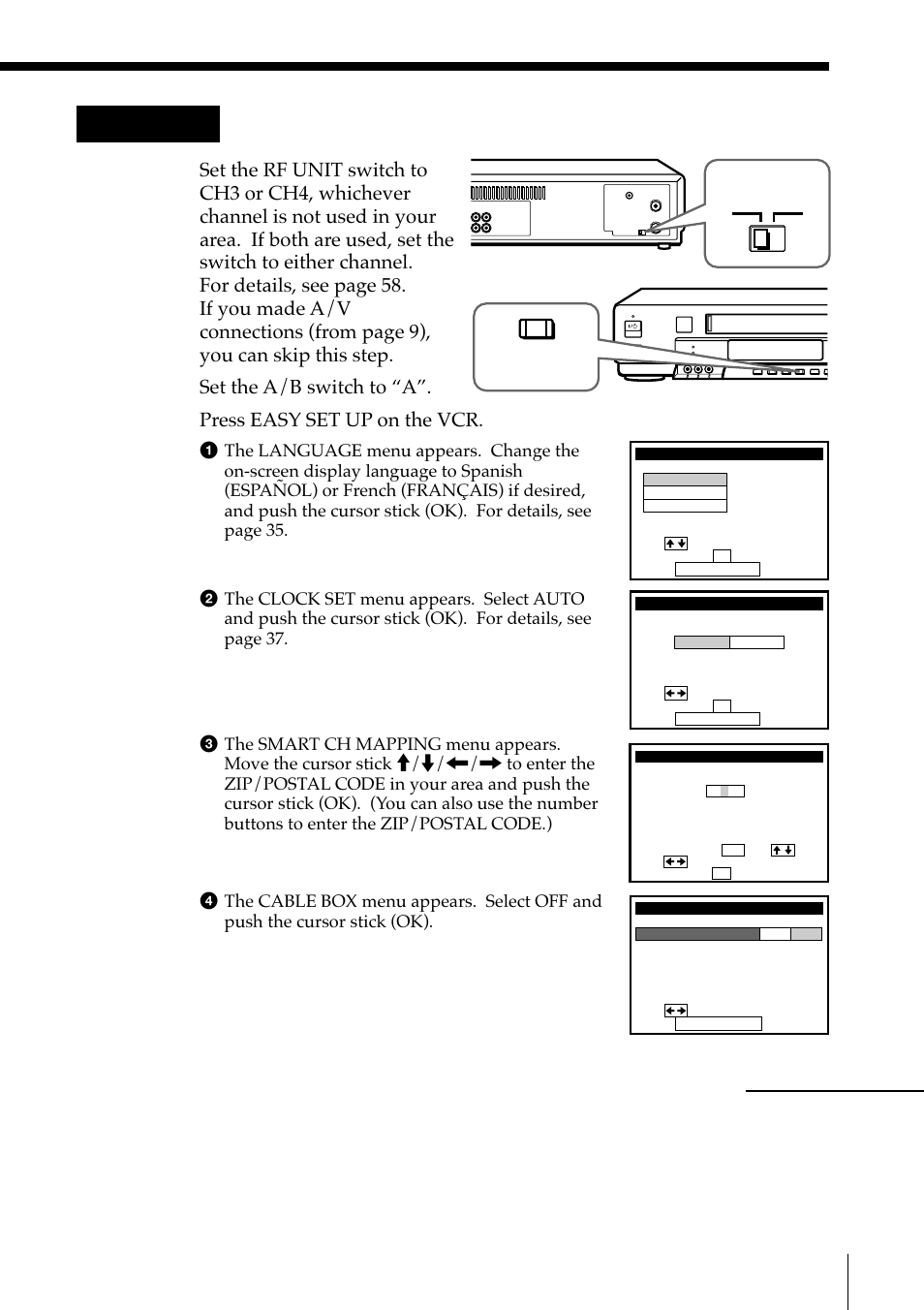 Hookup 6: vcr setup, Set the a/b switch to “a, Press easy set up on the vcr | Rf unit, Easy set up continued | Sony SLV-M91HF User Manual | Page 31 / 68