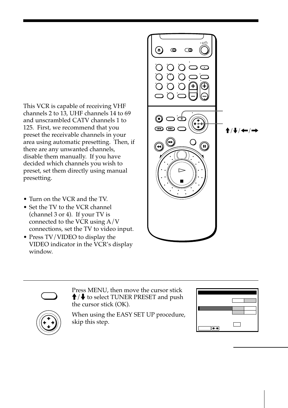 Presetting channels, Presetting all receivable channels automatically | Sony SLV-M91HF User Manual | Page 47 / 68