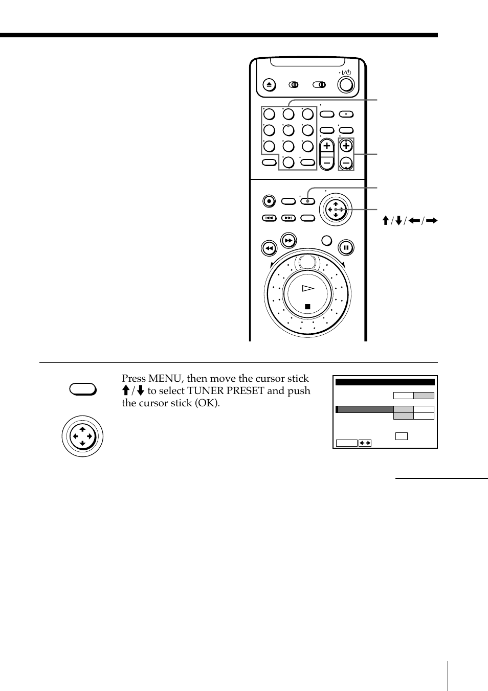 Presetting/disabling channels manually, Menu number buttons, enter ch, Cursor stick m/m/</, ok continued | Sony SLV-M91HF User Manual | Page 49 / 68