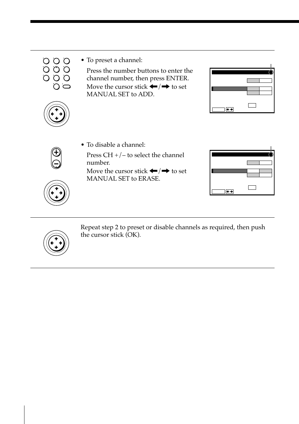 50 presetting channels (continued), Channel to be preset channel to be disabled | Sony SLV-M91HF User Manual | Page 50 / 68