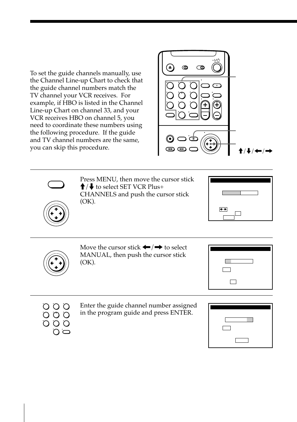 Setting up the vcr plus+ gold system manually, Menu number buttons, enter, Cursor stick m/m/</, ok | Sony SLV-M91HF User Manual | Page 56 / 68