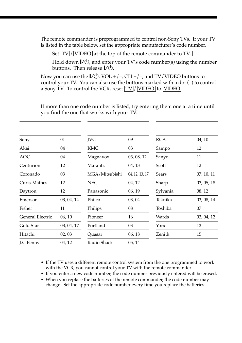 Controlling other tvs with the remote commander | Sony SLV-M91HF User Manual | Page 7 / 68