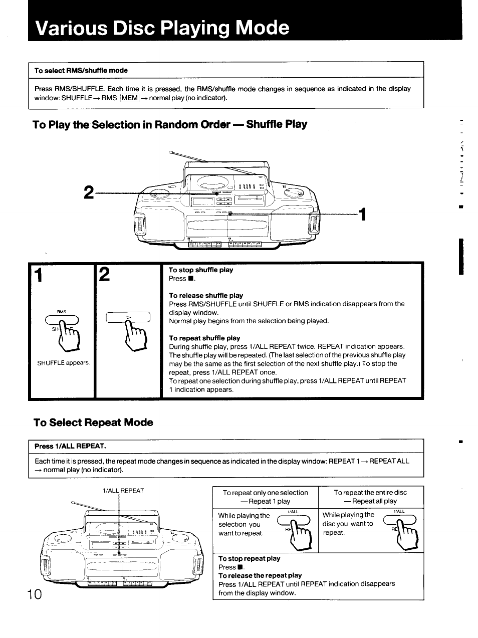 Various disc playing mode, To select repeat mode | Sony CFD-DW83 User Manual | Page 10 / 27