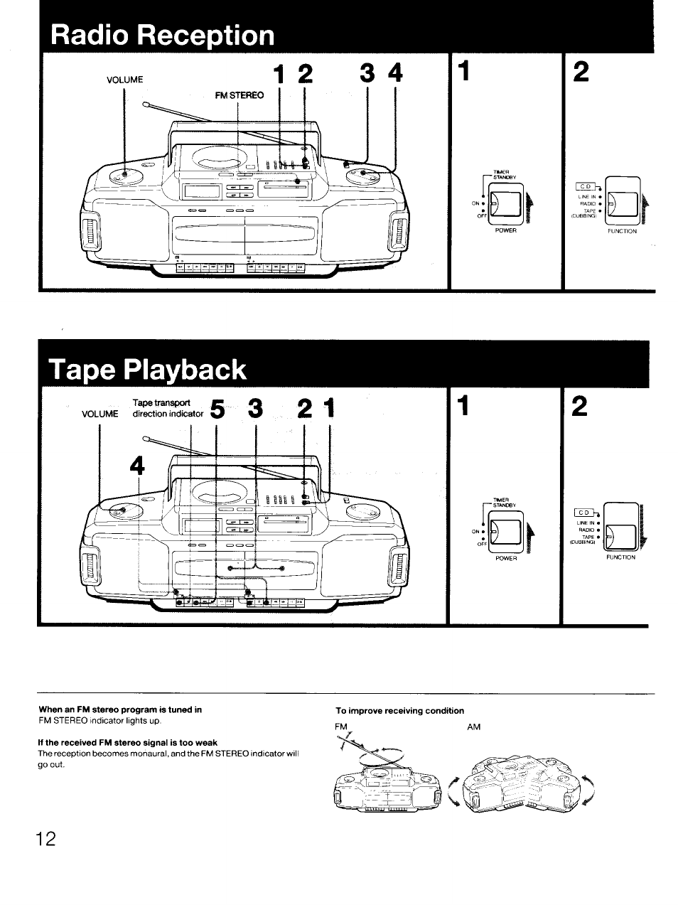 Radio reception, Tape playback, Radio reception tape playback | Sony CFD-DW83 User Manual | Page 12 / 27