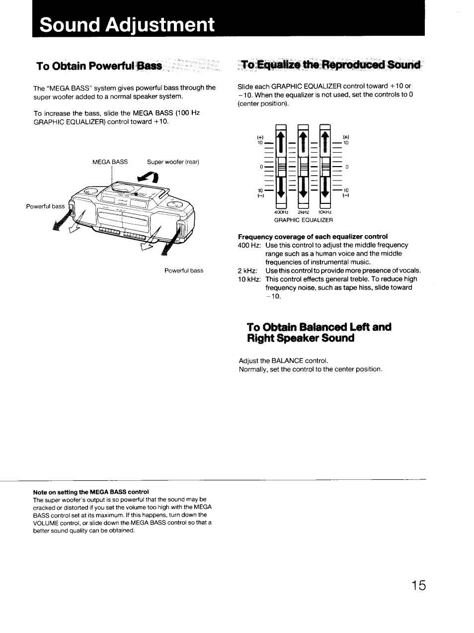 Sound adjustment, To equalize the reproduced sound, To (x>mn batoned and right sp^ker sound | Sony CFD-DW83 User Manual | Page 15 / 27