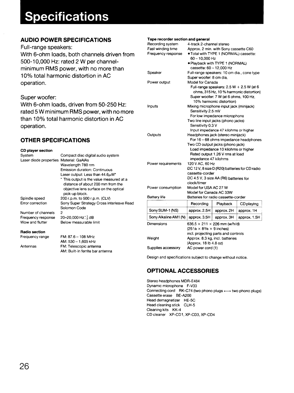 Specifications | Sony CFD-DW83 User Manual | Page 26 / 27