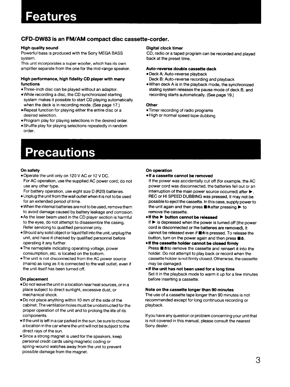 Features, Precautions | Sony CFD-DW83 User Manual | Page 3 / 27