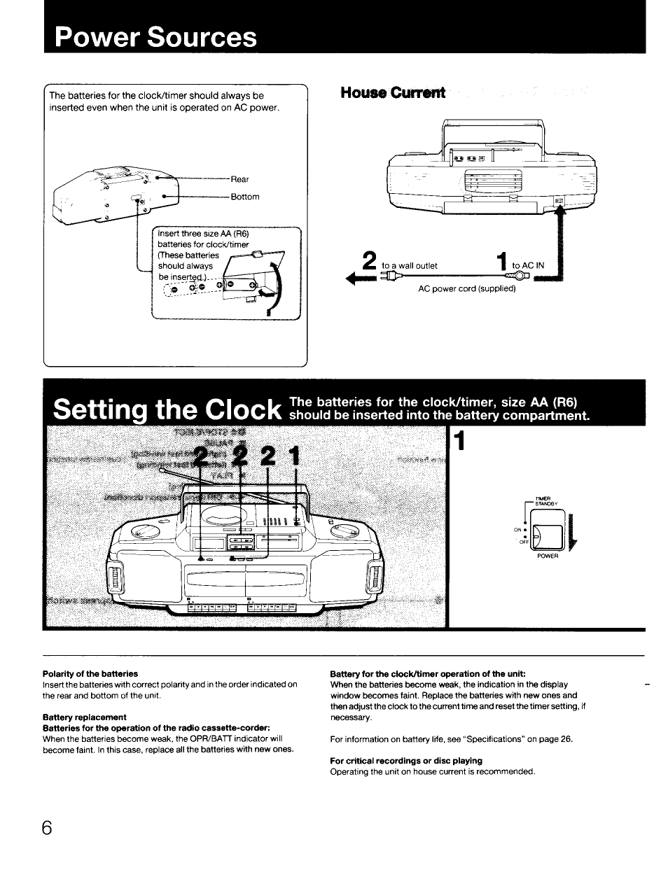 Power sources, House cint«9tt, Setting the clock | Power sources setting the clock | Sony CFD-DW83 User Manual | Page 6 / 27