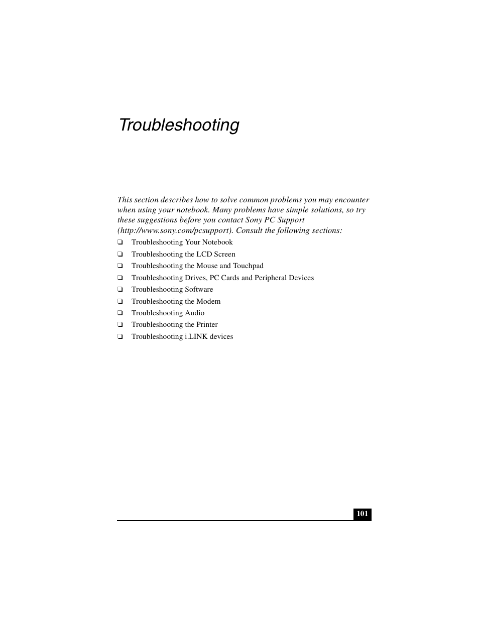 Troubleshooting | Sony PCG-FX410 User Manual | Page 101 / 132