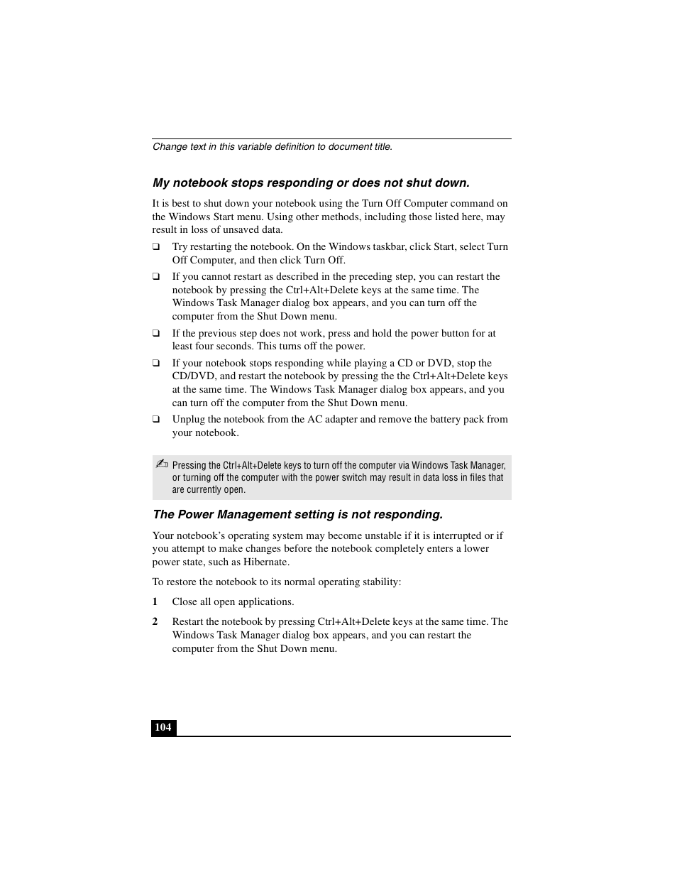 My notebook stops responding or does not shut down, The power management setting is not responding | Sony PCG-FX410 User Manual | Page 104 / 132