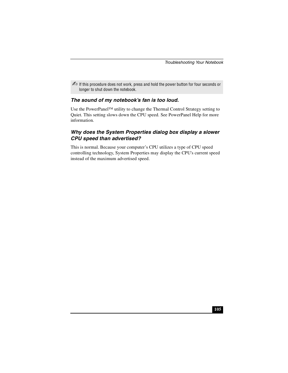 The sound of my notebook’s fan is too loud | Sony PCG-FX410 User Manual | Page 105 / 132