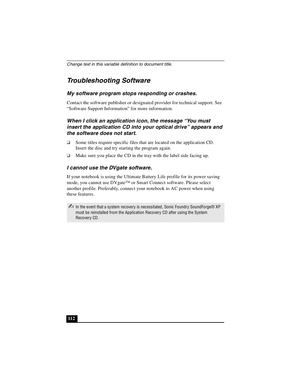 Troubleshooting software, My software program stops responding or crashes, I cannot use the dvgate software | Sony PCG-FX410 User Manual | Page 112 / 132